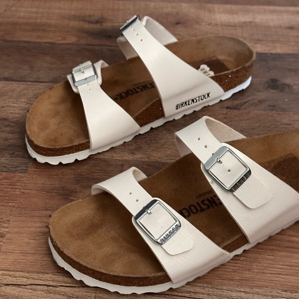 Birkenstock Cream Sandals with Silver Buckles